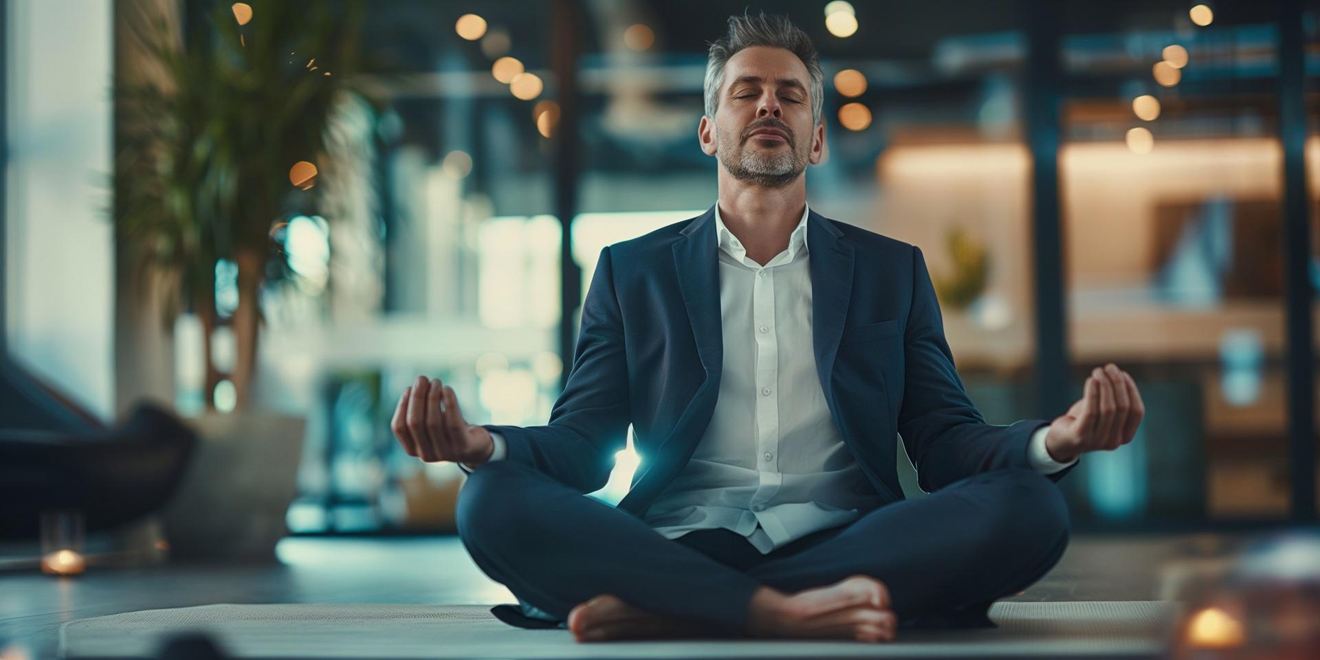 Businessmann meditiert im Büro | E Liquid