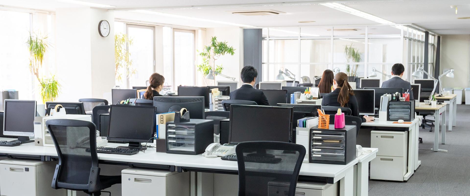 Helles Großraumbüro mit vielen Arbeitsplätzen | künstliche Pflanzenwand
